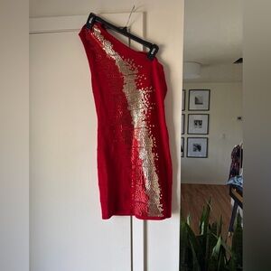 Bebe vintage one shoulder Red Dress with Sequin Detail